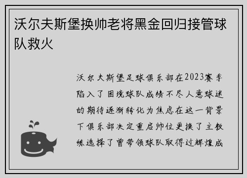 沃尔夫斯堡换帅老将黑金回归接管球队救火